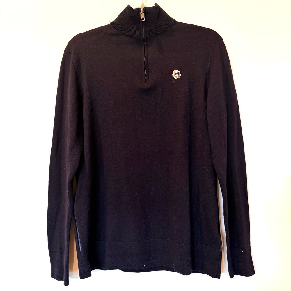 Ted Baker 1/4 Zip Tooting 100% Merino Wool Sweater Sz 3 Med Navy Logo Preppy